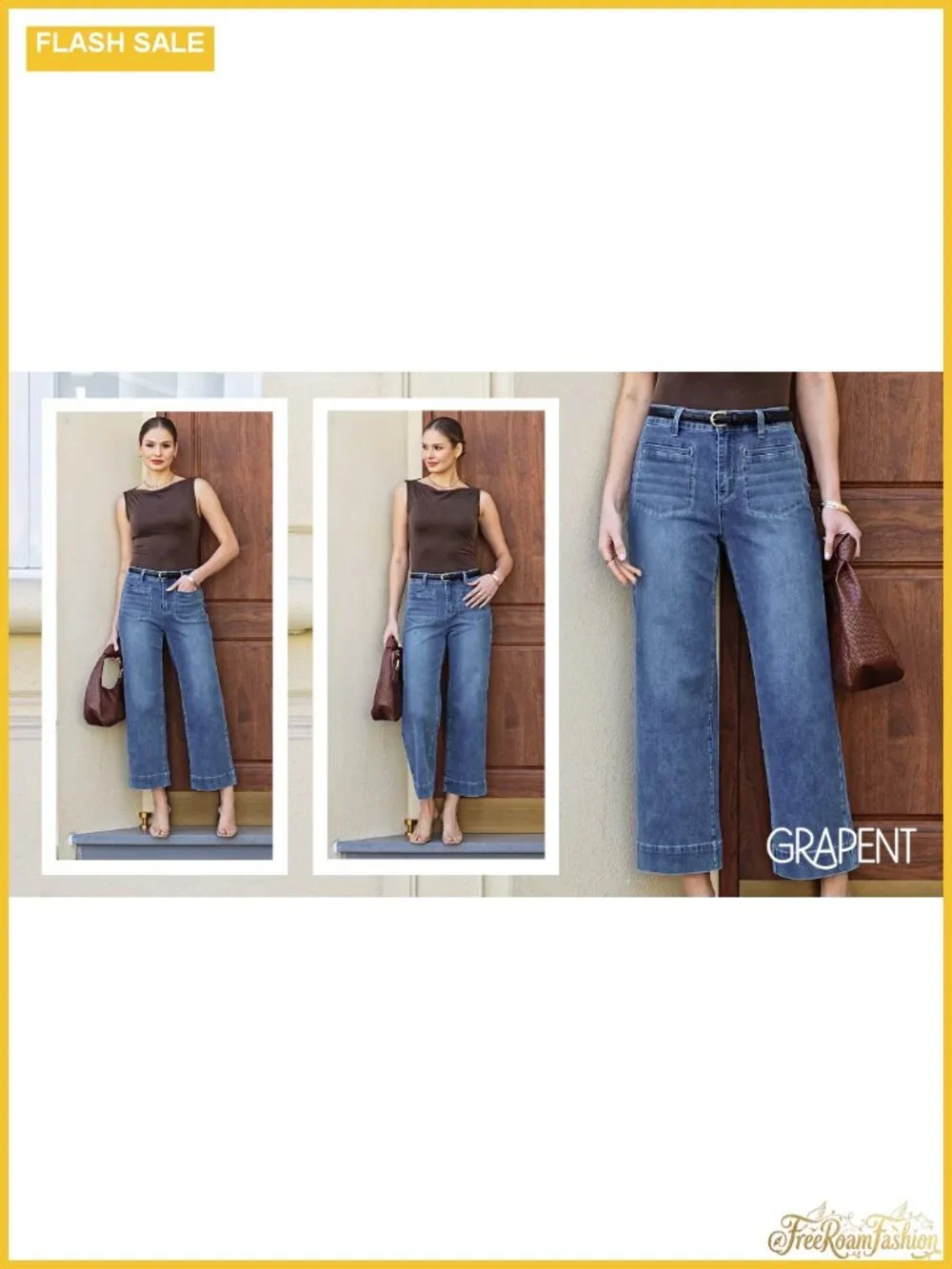Wide Leg High Waisted Cropped Jeans Women Stretchy Denim Patch Pocket